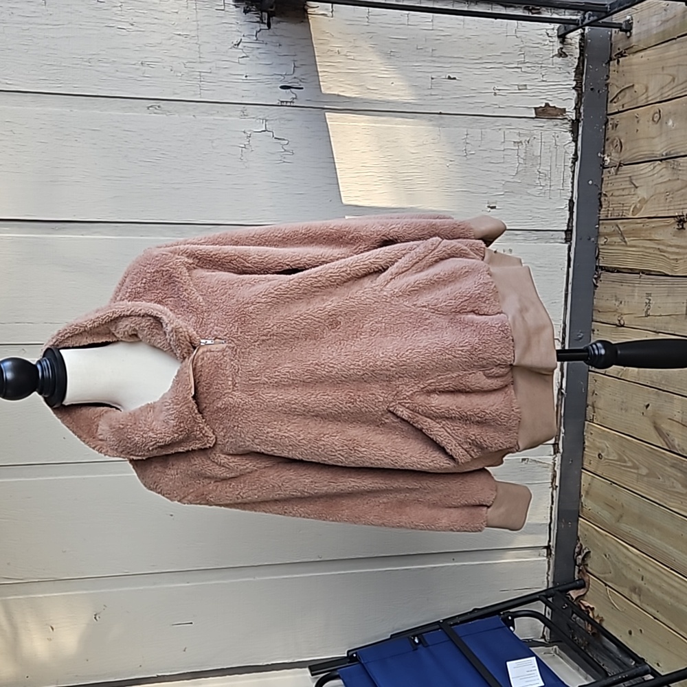 Camel Pocket Faux Fur Overlap Collar Fleece